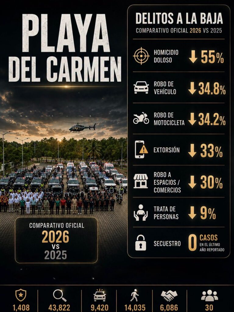 Disminuyen delitos de alto impacto en Playa del Carmen; gobierno municipal destaca avances en seguridad